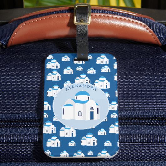 ギリシャ島サントリーニブルードームチャーチモノグラム ラゲッジタグ (正面インサイチュ2)