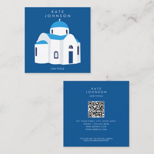 ギリシャ島サントリーニブルードーム教会QRコード スクエア名刺 (正面/裏面)