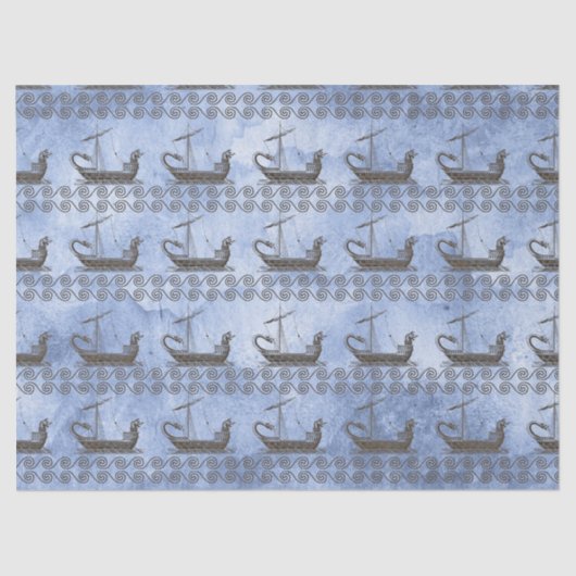 ギリシャ帆船と青いデコページのスクロール 薄葉紙 (正面)