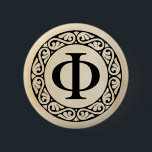 ギリシャ文字の手紙のファイ 缶バッジ<br><div class="desc">クラシカルで、モダンな型枠では、ギリシャ文字にアルファからのオメガに24の手紙が、あります。 ここに示されているファイはギリシャ文字の第21手紙です。 このデザインは薄い色の選択の虹と取り替えられるかもしれない老化させたペーパー背景に示されます。</div>