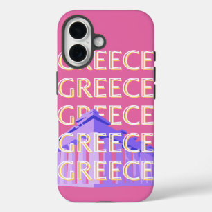 ギリシャ旅行アート、夏の旅行アート、レトロ、ピンク iPhone 16ケース