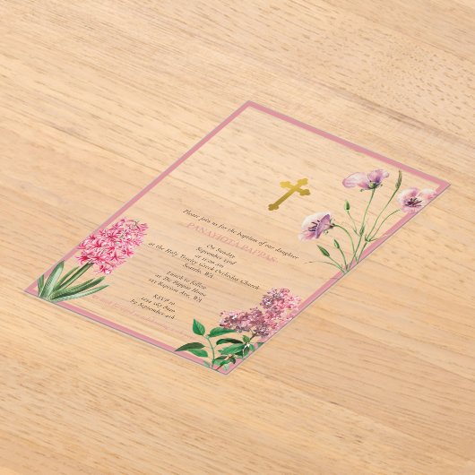 ギリシャ正統《キリスト教》洗礼式や命名式バプティスピンクフローラ アクリル招待状 (レイダウン)