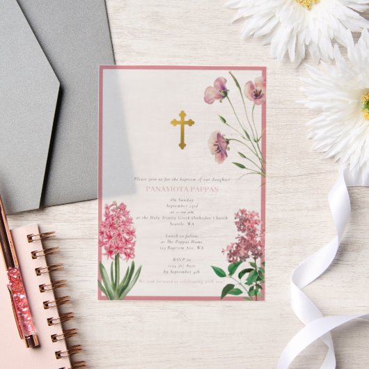 ギリシャ正統《キリスト教》洗礼式や命名式バプティスピンクフローラ ベラム紙招待状 (ウェディング)