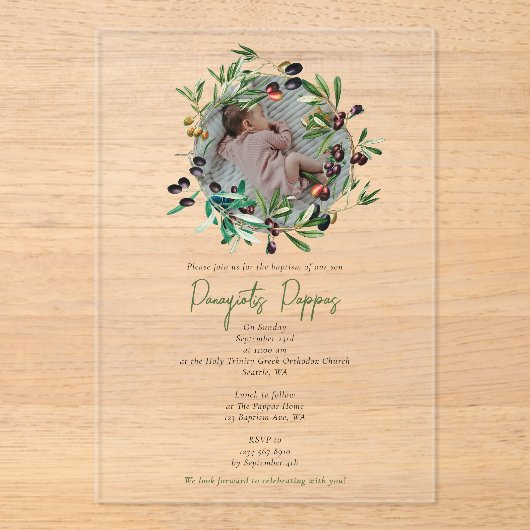 ギリシャ正統《キリスト教》洗礼式や命名式バプテスオリーブ写真 アクリル招待状 (正面)