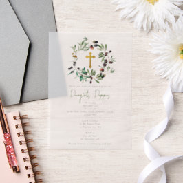 ギリシャ正統《キリスト教》洗礼式や命名式バプテスオリーブ緑 ベラム紙招待状