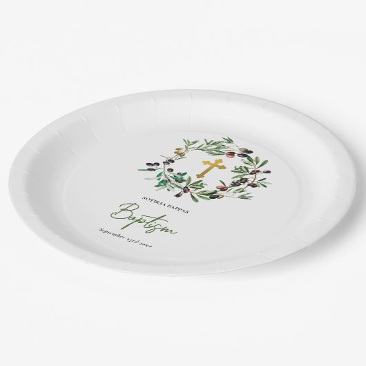 ギリシャ正統《キリスト教》洗礼式や命名式バプテスオリーブ緑 ペーパープレート (アングル)