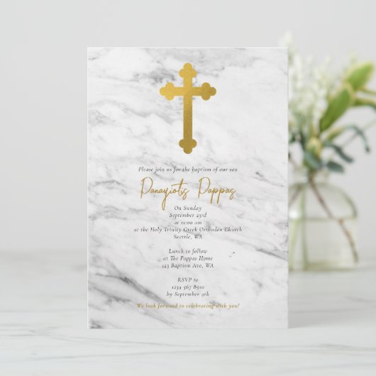 ギリシャ正統《キリスト教》洗礼式や命名式バプテスゴールデンマーブル 招待状 (スタンド正面)