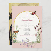 ギリシャ正統《キリスト教》洗礼式や命名式バプテスピンクワイルドフラワー 招待状 (正面/裏面)