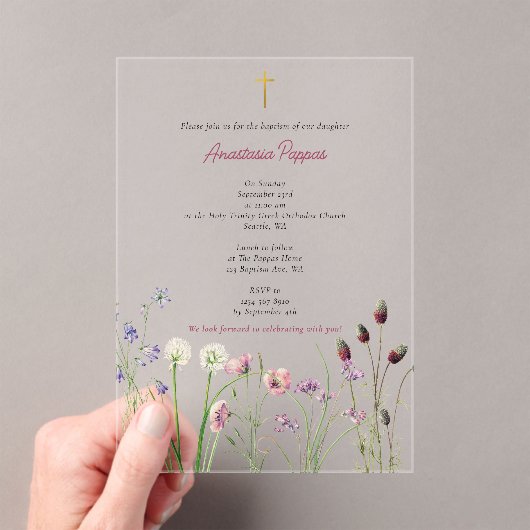 ギリシャ正統《キリスト教》洗礼式や命名式バプテスムガールワイルドフラワー アクリル招待状 (インサイチュ (ポータブル))