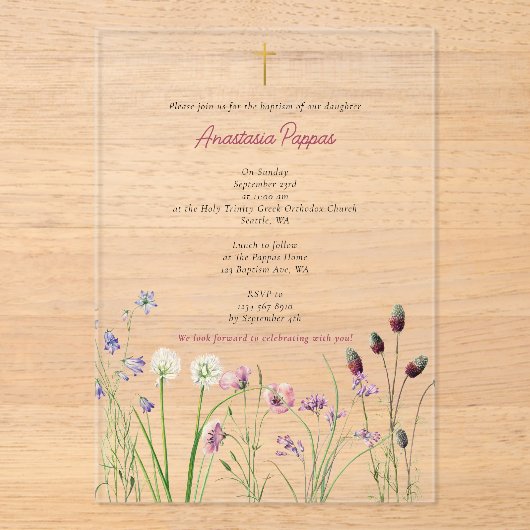 ギリシャ正統《キリスト教》洗礼式や命名式バプテスムガールワイルドフラワー アクリル招待状 (正面)