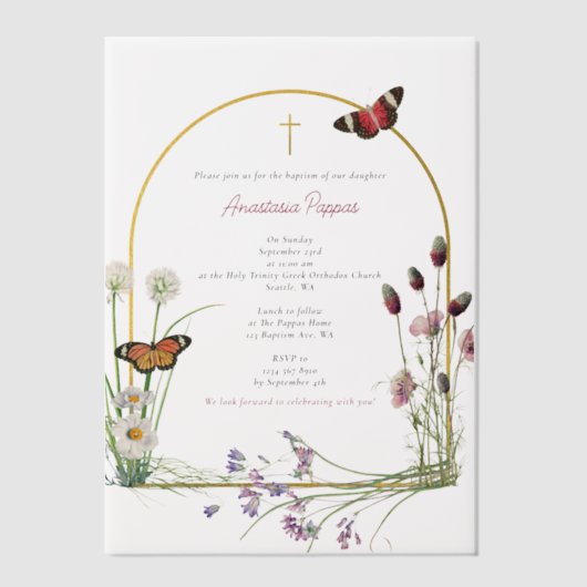 ギリシャ正統《キリスト教》洗礼式や命名式バプテスムガールワイルドフラワー ベラム紙招待状 (正面)