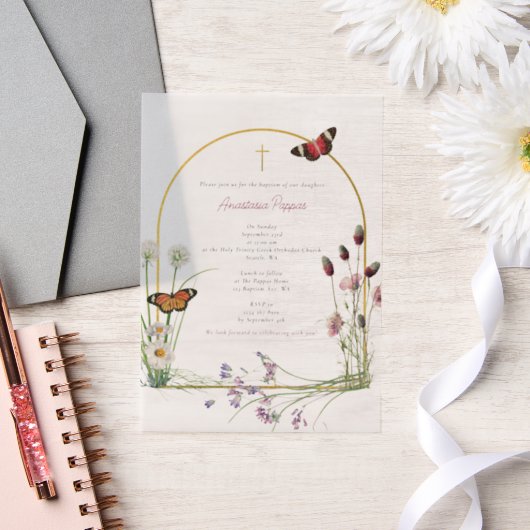 ギリシャ正統《キリスト教》洗礼式や命名式バプテスムガールワイルドフラワー ベラム紙招待状 (ウェディング)