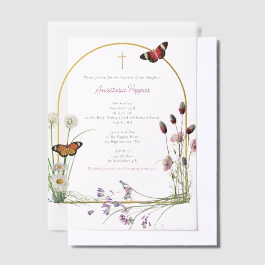 ギリシャ正統《キリスト教》洗礼式や命名式バプテスムガールワイルドフラワー ベラム紙招待状 (オフセット)