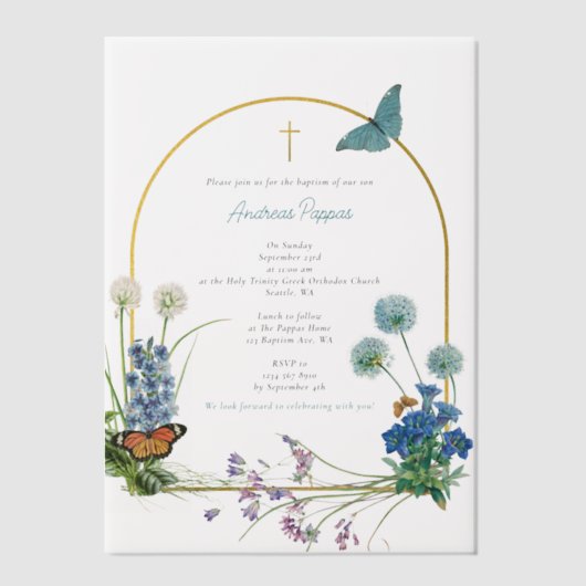 ギリシャ正統《キリスト教》洗礼式や命名式バプテスムボーイワイルドフラワー ベラム紙招待状 (正面)