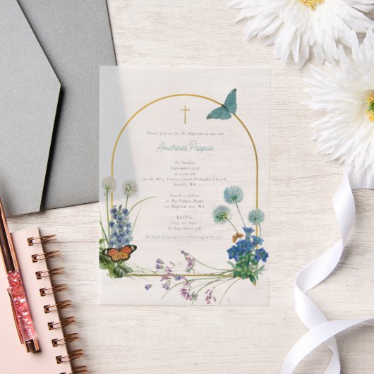ギリシャ正統《キリスト教》洗礼式や命名式バプテスムボーイワイルドフラワー ベラム紙招待状 (ウェディング)
