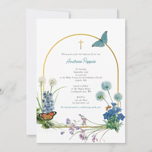 ギリシャ正統《キリスト教》洗礼式や命名式バプテスムボーイワイルドフラワー 招待状 (正面)