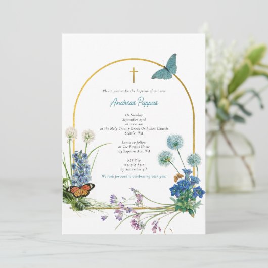 ギリシャ正統《キリスト教》洗礼式や命名式バプテスムボーイワイルドフラワー 招待状 (スタンド正面)