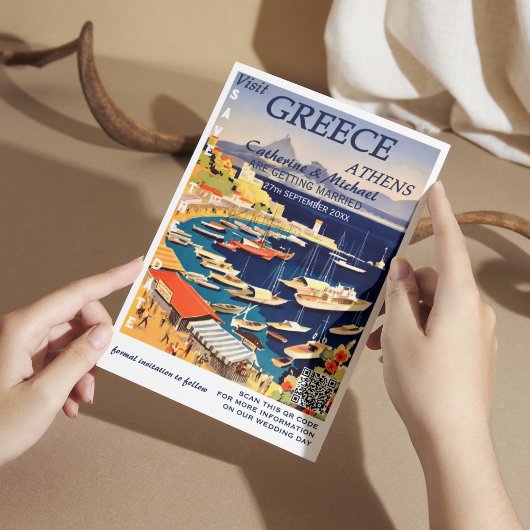 ギリシャ結婚の旅行ポスタースタイルQRコード セーブザデート