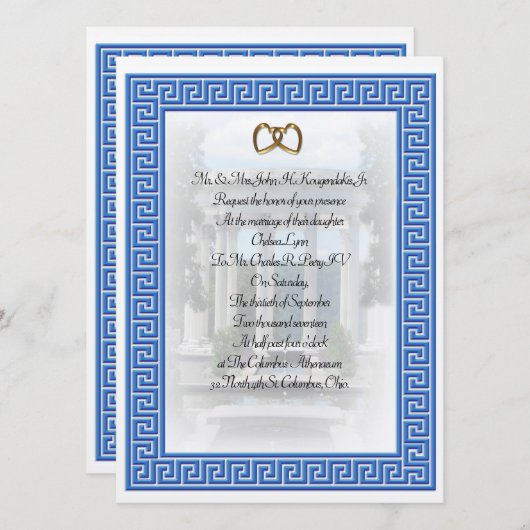ギリシャ結婚式招待状ブルー鍵 エレガント 招待状 (正面/裏面)