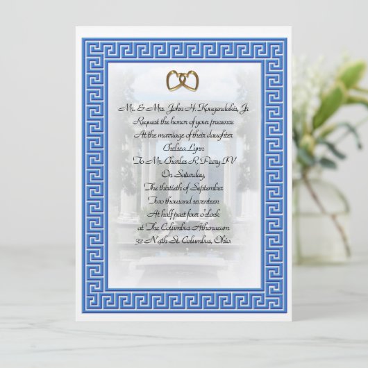 ギリシャ結婚式招待状ブルー鍵 エレガント 招待状 (スタンド正面)