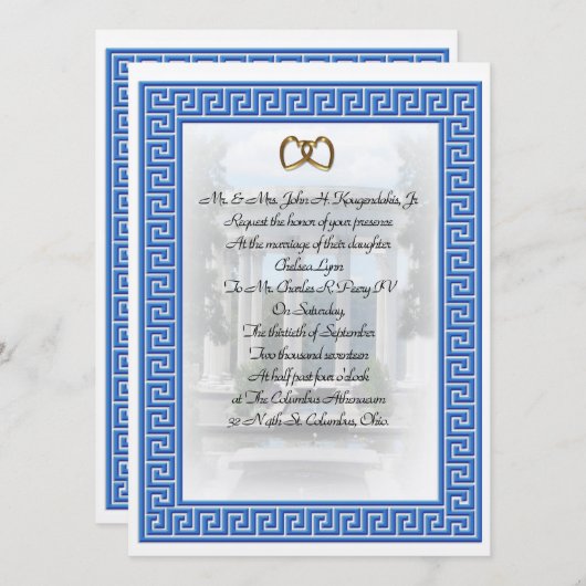 ギリシャ結婚式招待状ブルー鍵 エレガント 招待状 (正面/裏面)
