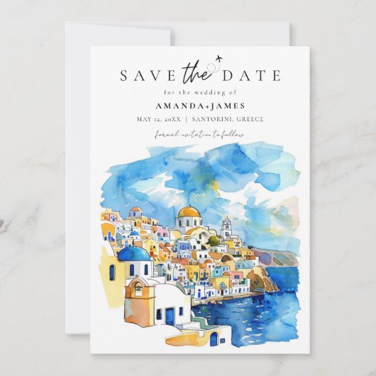 ギリシャ行き先結婚式の写真日付を保存 招待状 (正面)