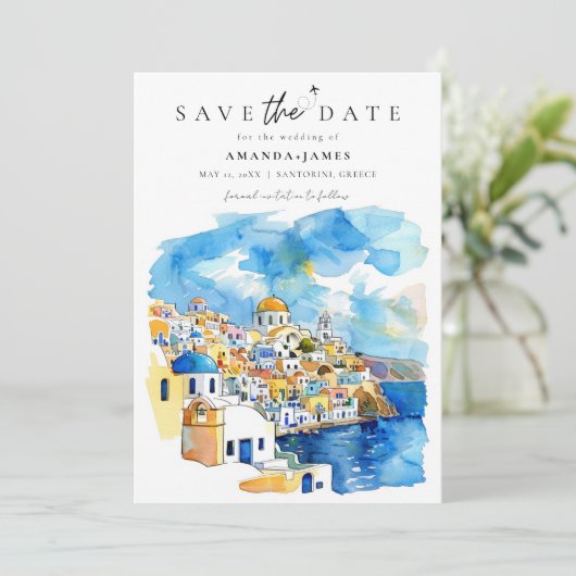 ギリシャ行き先結婚式の写真日付を保存 招待状 (スタンド正面)