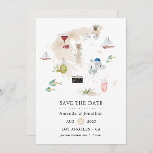 ギリシャ行き先結婚式の水彩地図 セーブザデート (正面/裏面)
