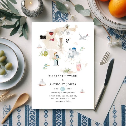 ギリシャ行き先結婚式の水彩地図 招待状