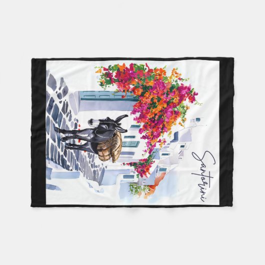 ギリシャ語でギリシャの島サントリーニ伝統的ロバ フリースブランケット (正面(横))