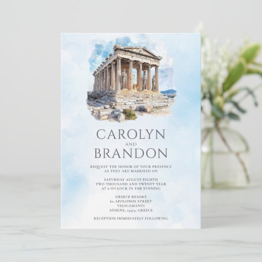 ギリシャ語の目的地の結婚式招待状とQRコード 招待状 (スタンド正面)