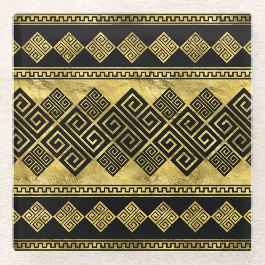 ギリシャ語の蛇行語-ギリシャ語の鍵ブラックと金ゴールド ガラスコースター (正面)