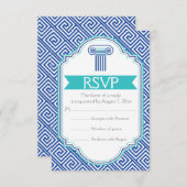 ギリシャ語の鍵とアクア、ブルーカラムウェディングRSVP 出欠カード (正面/裏面)