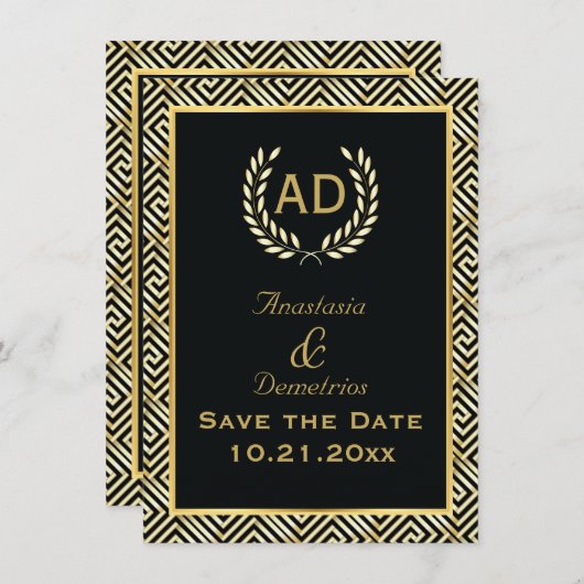 ギリシャ語の鍵とローレルリース結婚式の日付を保存 セーブザデート (正面/裏面)