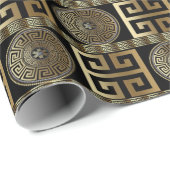 ギリシャ語の鍵金ゴールドオン黒の幾何学的 ラッピングペーパー (ロールコーナー)