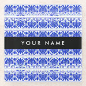 ギリシャ語フレットアラベスクブルー，あなたの名前，パーソナライズ ガラスコースター (正面)