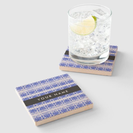 ギリシャ語フレットアラベスクブルー,あなたの名前,パーソナライズ ストーンコースター (横)