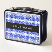 ギリシャ語フレットアラベスクブルー，あなたの名前，パーソナライズ メタルランチボックス (正面)