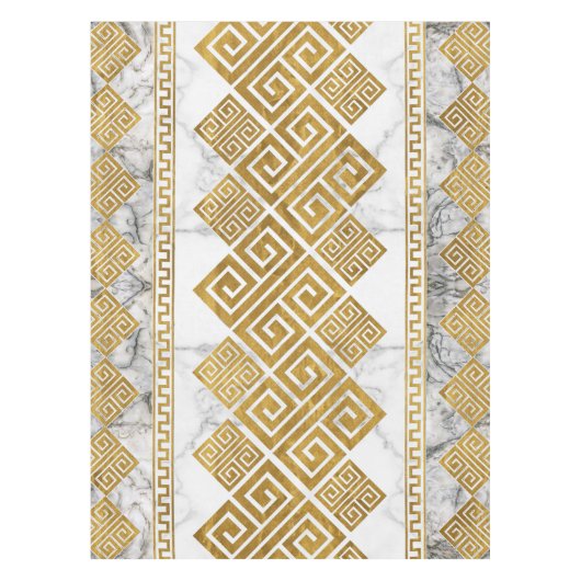 ギリシャ語ミアンダー – ギリシャ語鍵ホワイトマーブルと金ゴールド テーブルクロス (正面)