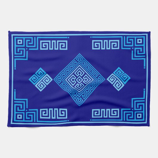 ギリシャ語ミアンダー – ギリシャ語鍵 – 青の影 キッチンタオル (横)