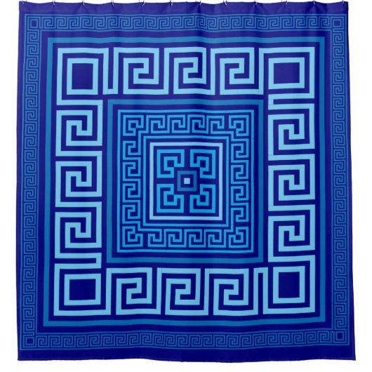 ギリシャ語ミアンダー – ギリシャ語鍵 – 青の影 シャワーカーテン (正面)