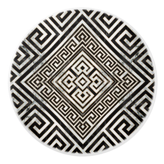 ギリシャ語メアンダー – ギリシャ鍵黒と白大理石 セラミックノブ (正面)