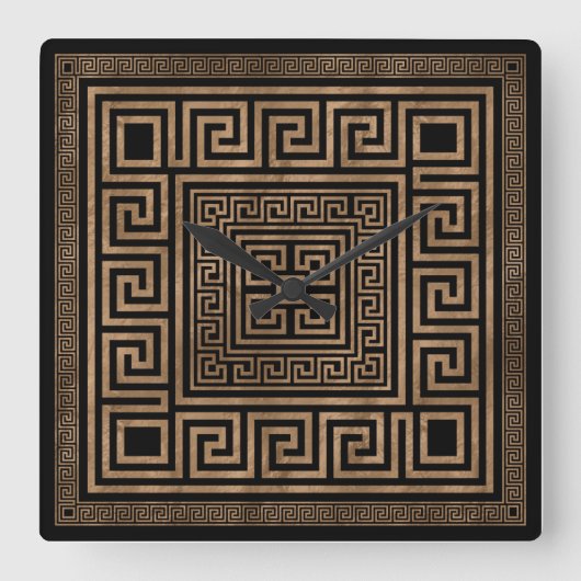 ギリシャ語鍵オーナメント – ギリシャ語ミアンダー – 金ゴールドオンブラック スクエア壁時計 (正面)