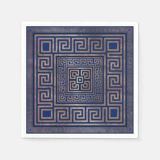 ギリシャ語鍵オーナメント – ギリシャ語ミアンダー – 金ゴールドオン青 スタンダードカクテルナプキン (正面)