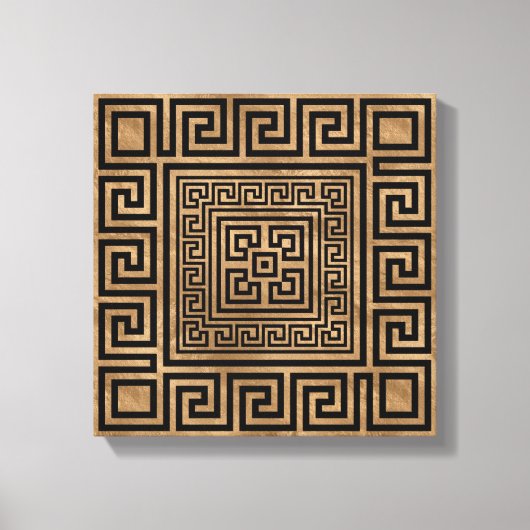 ギリシャ語鍵オーナメント – ギリシャ語ミアンダー – 黒オン金ゴールド キャンバスプリント (正面)