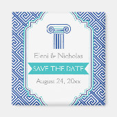 ギリシャ語鍵&アクアブルーカラムウェディング日付を保存 マグネット (正面)