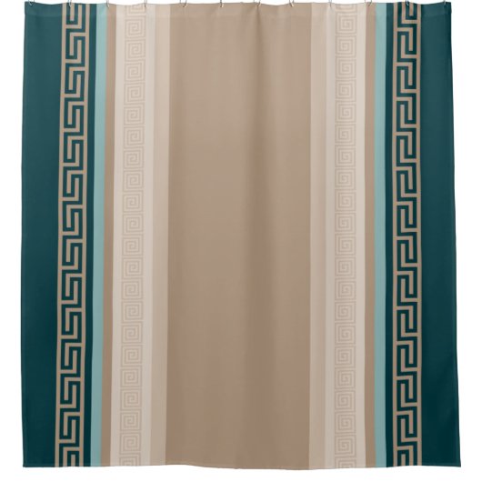 ギリシャ語鍵 – ミアンダー – トープとグリーン シャワーカーテン (正面)