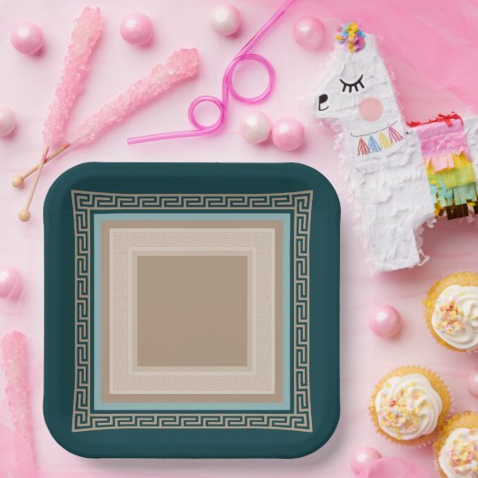 ギリシャ語鍵 – ミアンダー – トープとグリーン ペーパープレート (パーティー)