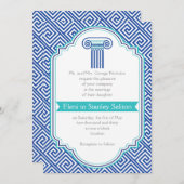 ギリシャ鍵とアクア、ブルーカラムグレシア結婚ズ 招待状 (正面/裏面)
