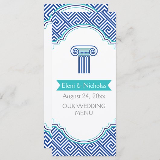 ギリシャ鍵のパターンと結婚青い列のメニューカード メニュー (正面/裏面)